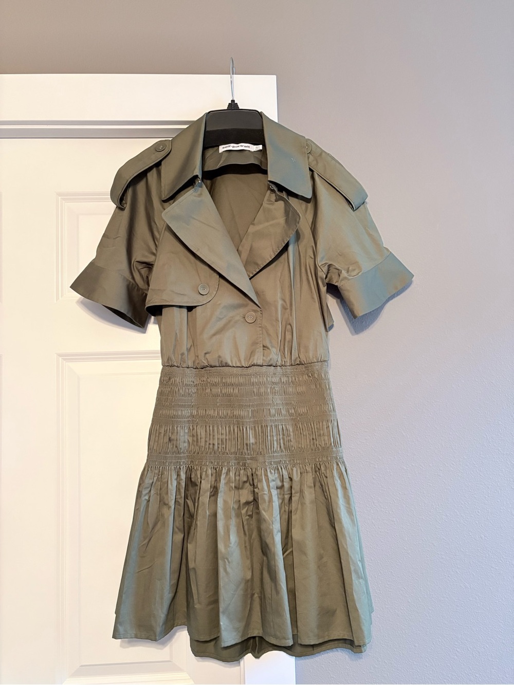 Self-portrait Olive Green Short-Sleeve Shirred Waist Mini Dress